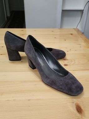 Stuart Weitzman Marymid Charcoal Gray Suede Block Heel Pumps 7.5